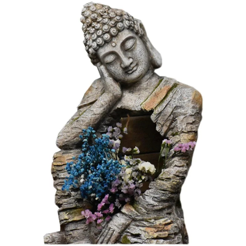 Grande sculpture de Bouddha décorative avec fleurs