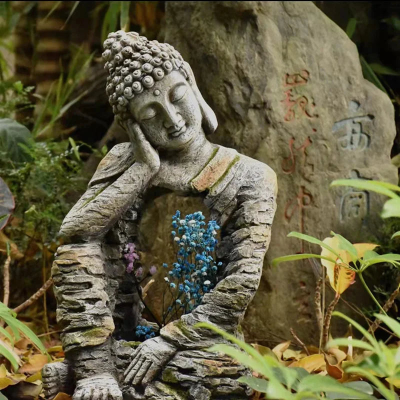 Grande sculpture de Bouddha décorative avec fleurs