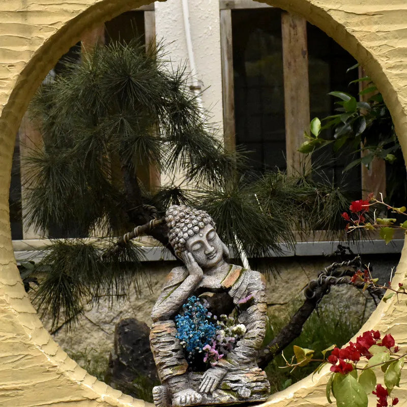 Grande sculpture de Bouddha décorative avec fleurs