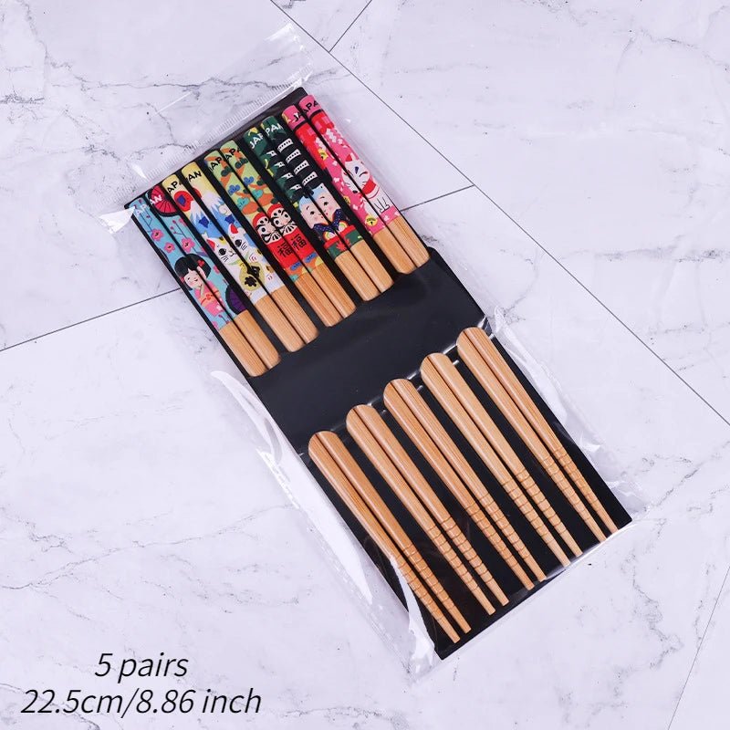 Cinq paires de baguettes en Bois de Style Japonais Vintage - Tresors asiatiques