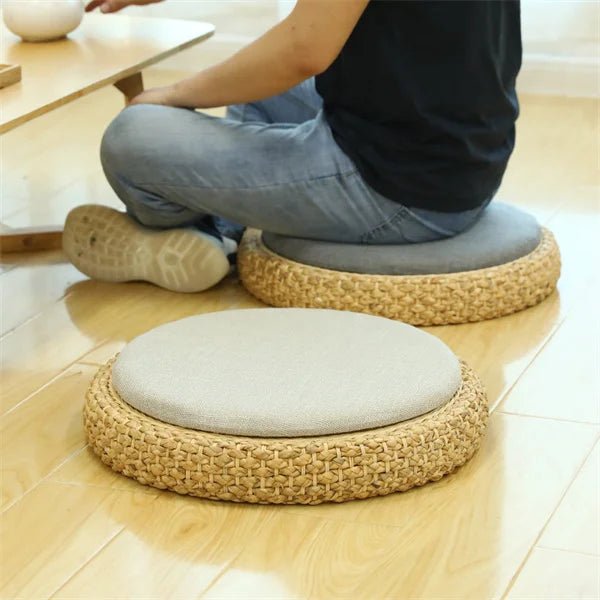 Coussin de méditation tissé à la main, en paille naturelle, Zabuton, Tatami, Pouf de Yoga, pour s'asseoir sur le sol - Tresors asiatiques