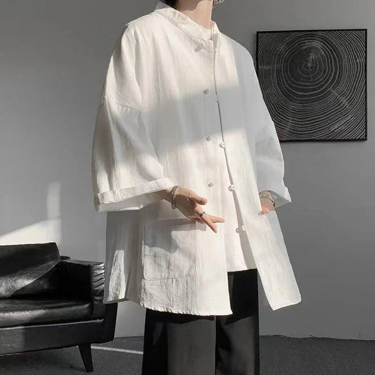 Veste col mao en coton et lin — Blanc