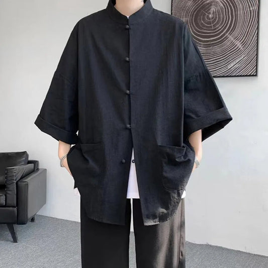 Veste col mao en coton et lin — Noir