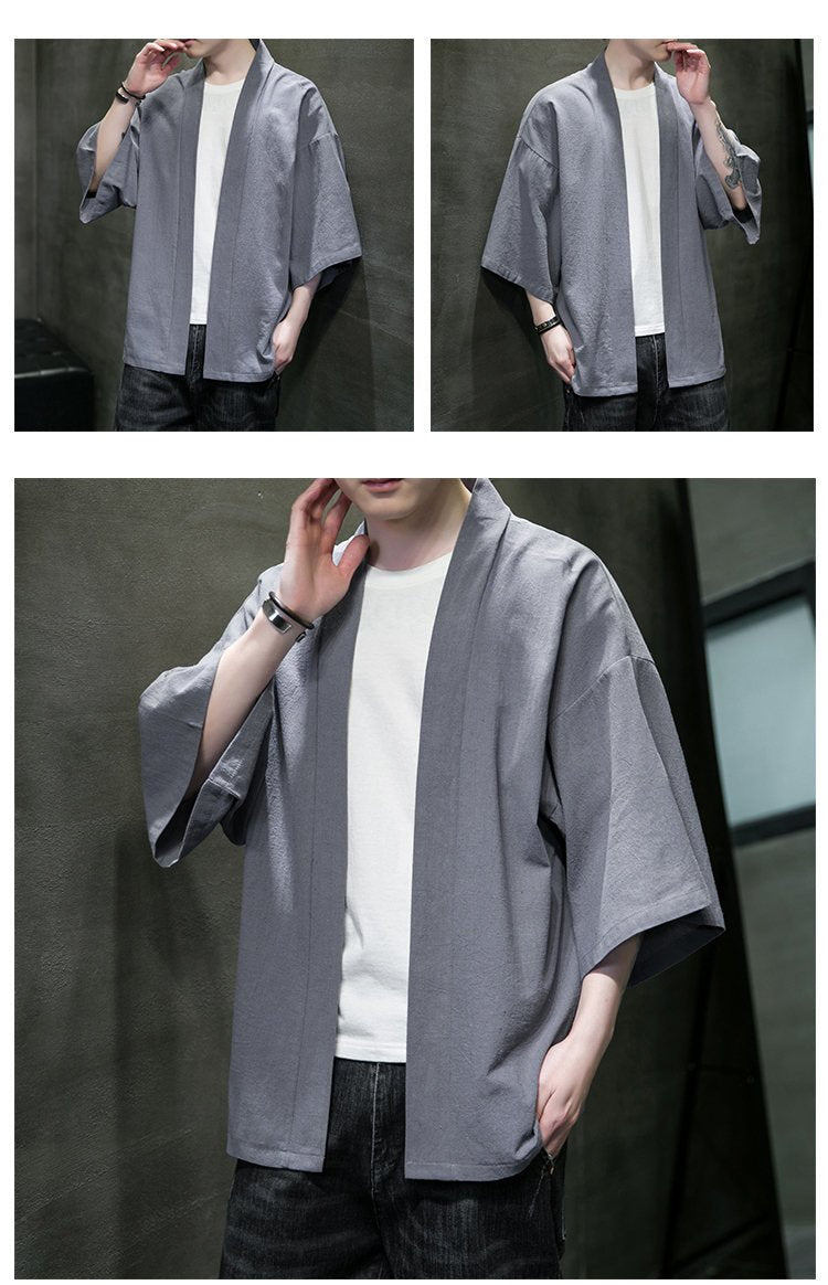 Kimono japonais à manches trois - quarts en coton et lin - Tresors asiatiques