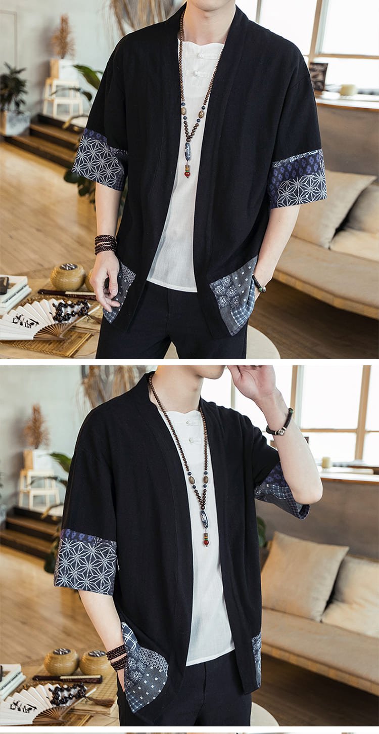 Kimono japonais à manches trois - quarts en coton et lin - Tresors asiatiques