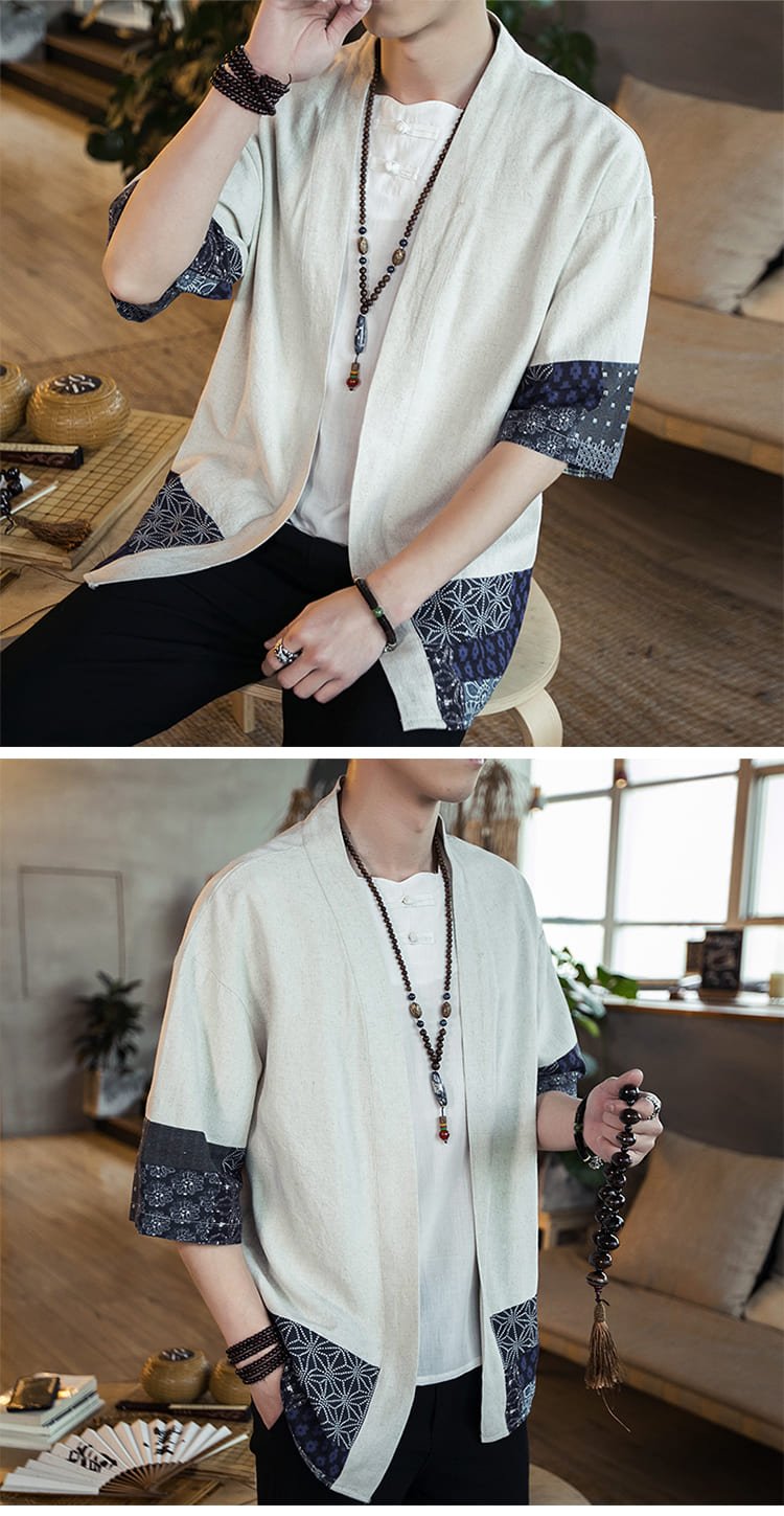 Kimono japonais à manches trois - quarts en coton et lin - Tresors asiatiques