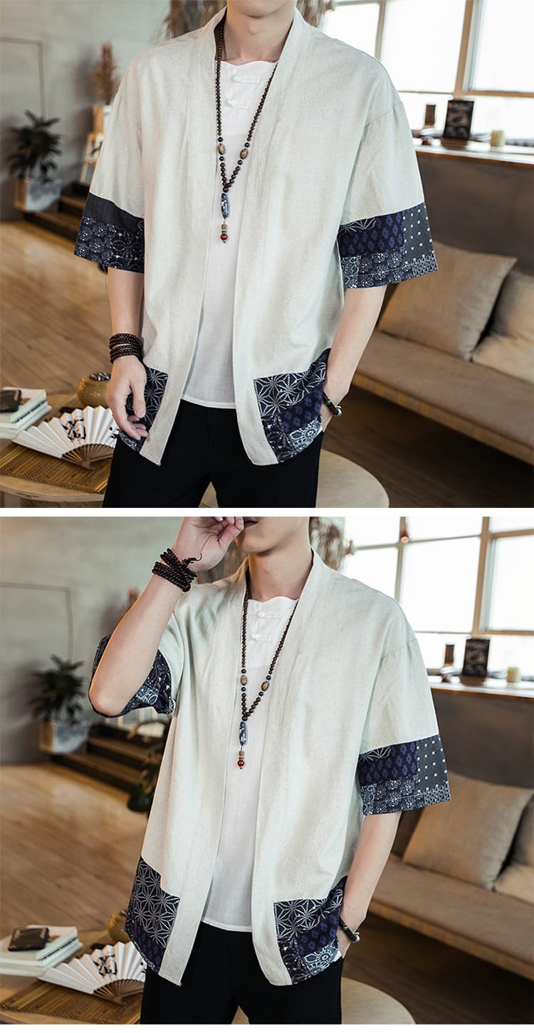 Kimono japonais à manches trois - quarts en coton et lin - Tresors asiatiques