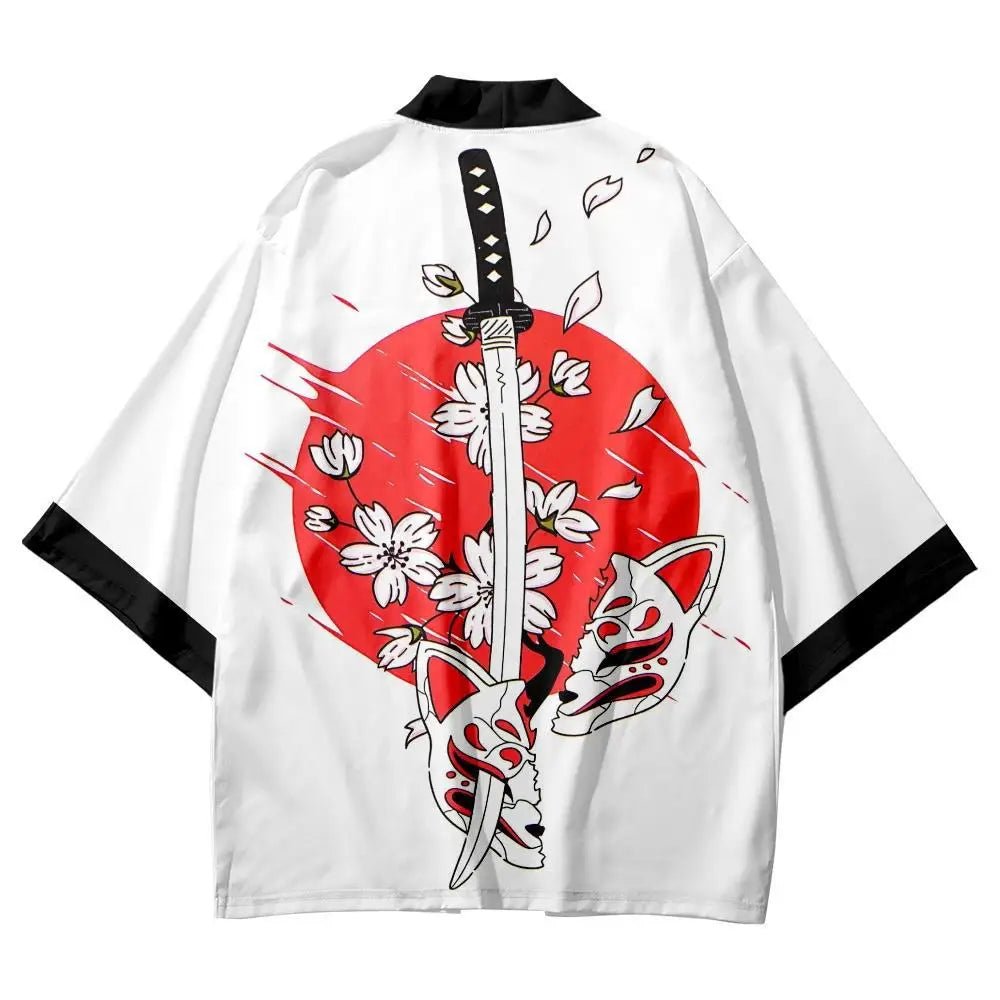 Kimono japonais imprimé démon renard à neuf queues - Tresors asiatiques