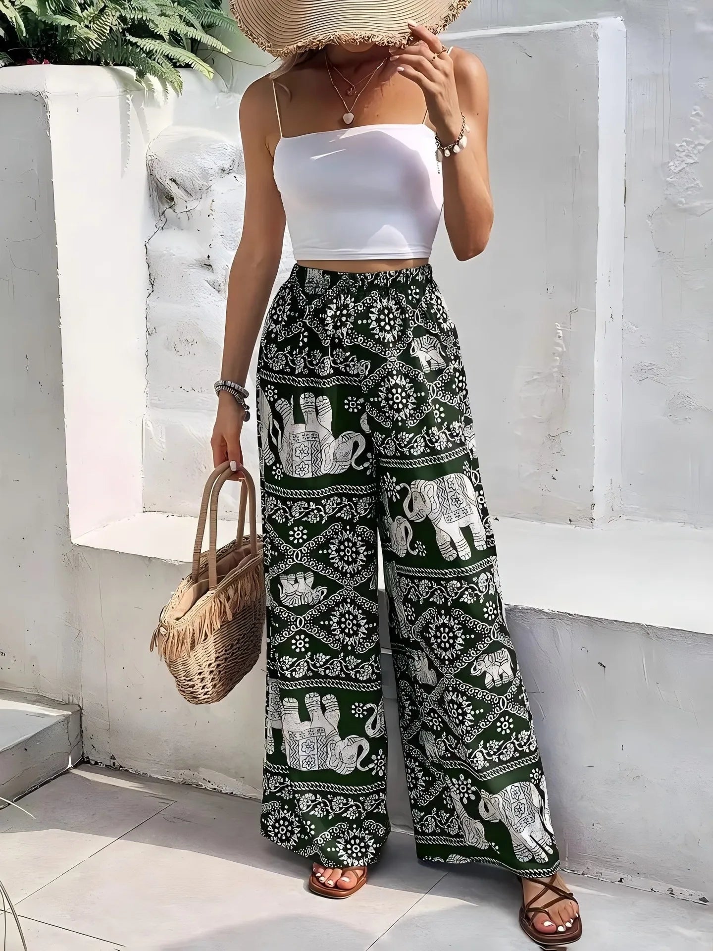 Pantalon à jambes larges imprimé éléphant de Thaïlande pour femmes - Tresors asiatiques