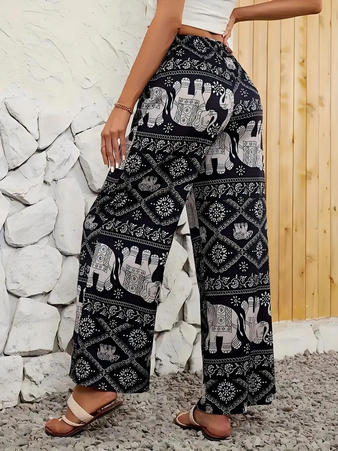 Pantalon à jambes larges imprimé éléphant de Thaïlande pour femmes - Tresors asiatiques