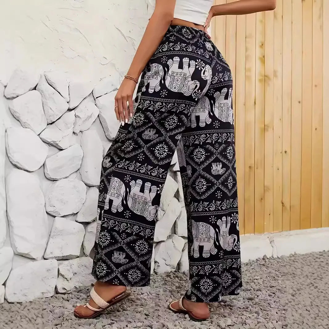 Pantalon à jambes larges imprimé éléphant de Thaïlande pour femmes - Tresors asiatiques
