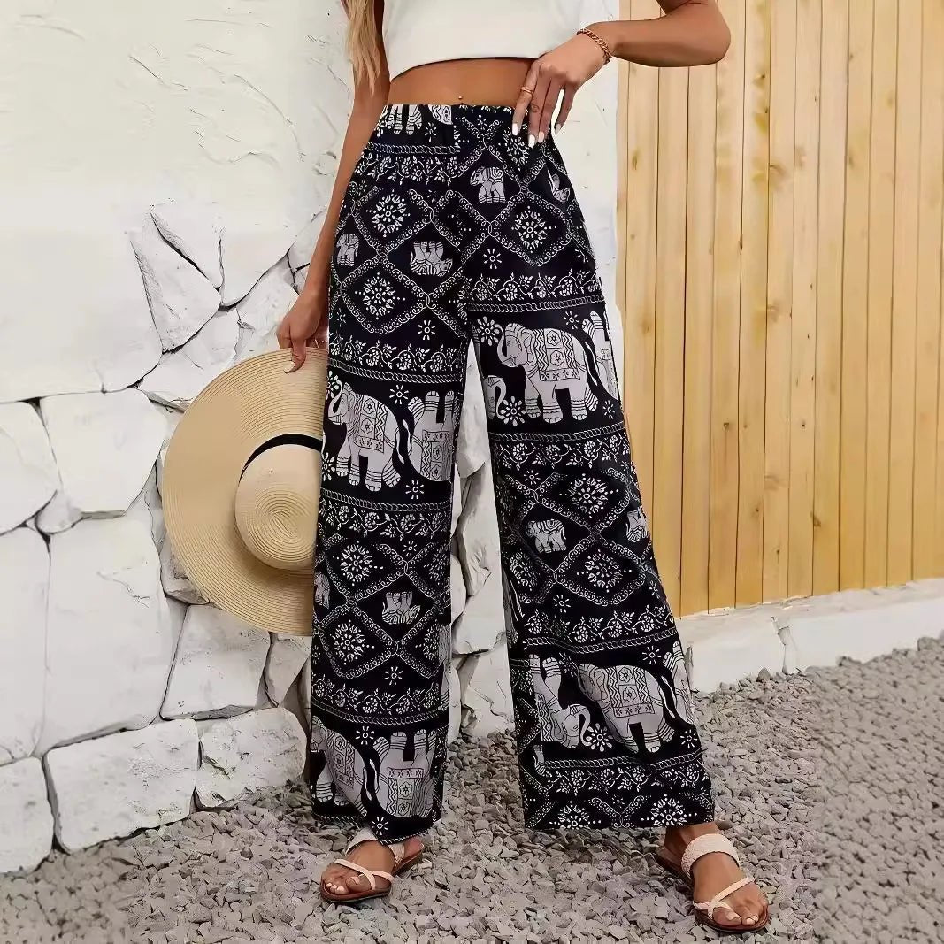 Pantalon à jambes larges imprimé éléphant de Thaïlande pour femmes - Tresors asiatiques
