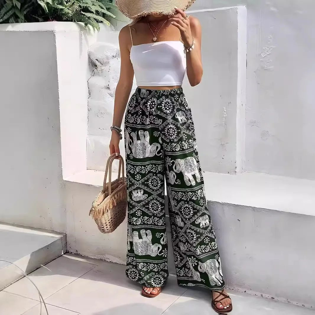 Pantalon à jambes larges imprimé éléphant de Thaïlande pour femmes - Tresors asiatiques