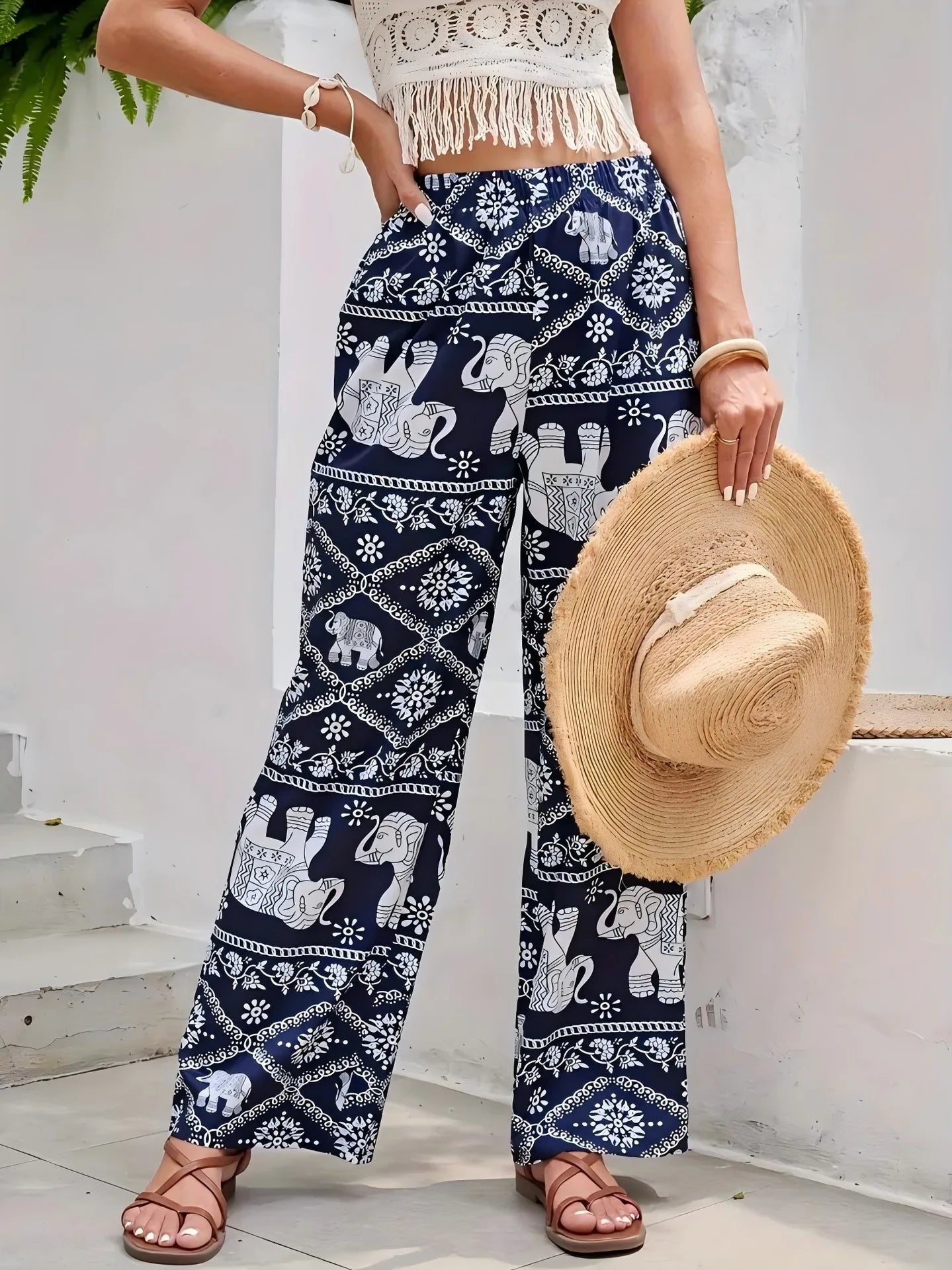 Pantalon à jambes larges imprimé éléphant de Thaïlande pour femmes - Tresors asiatiques