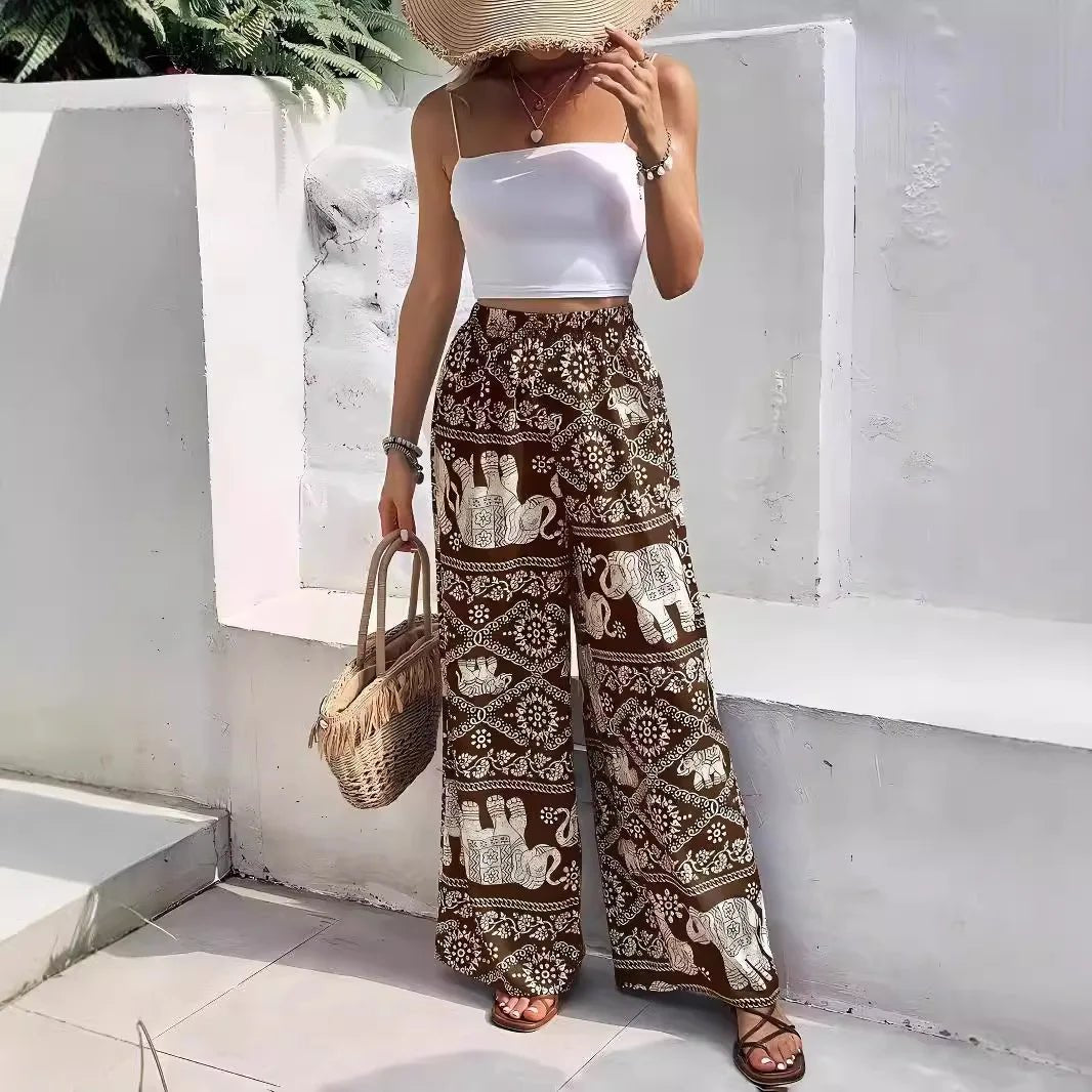 Pantalon à jambes larges imprimé éléphant de Thaïlande pour femmes - Tresors asiatiques