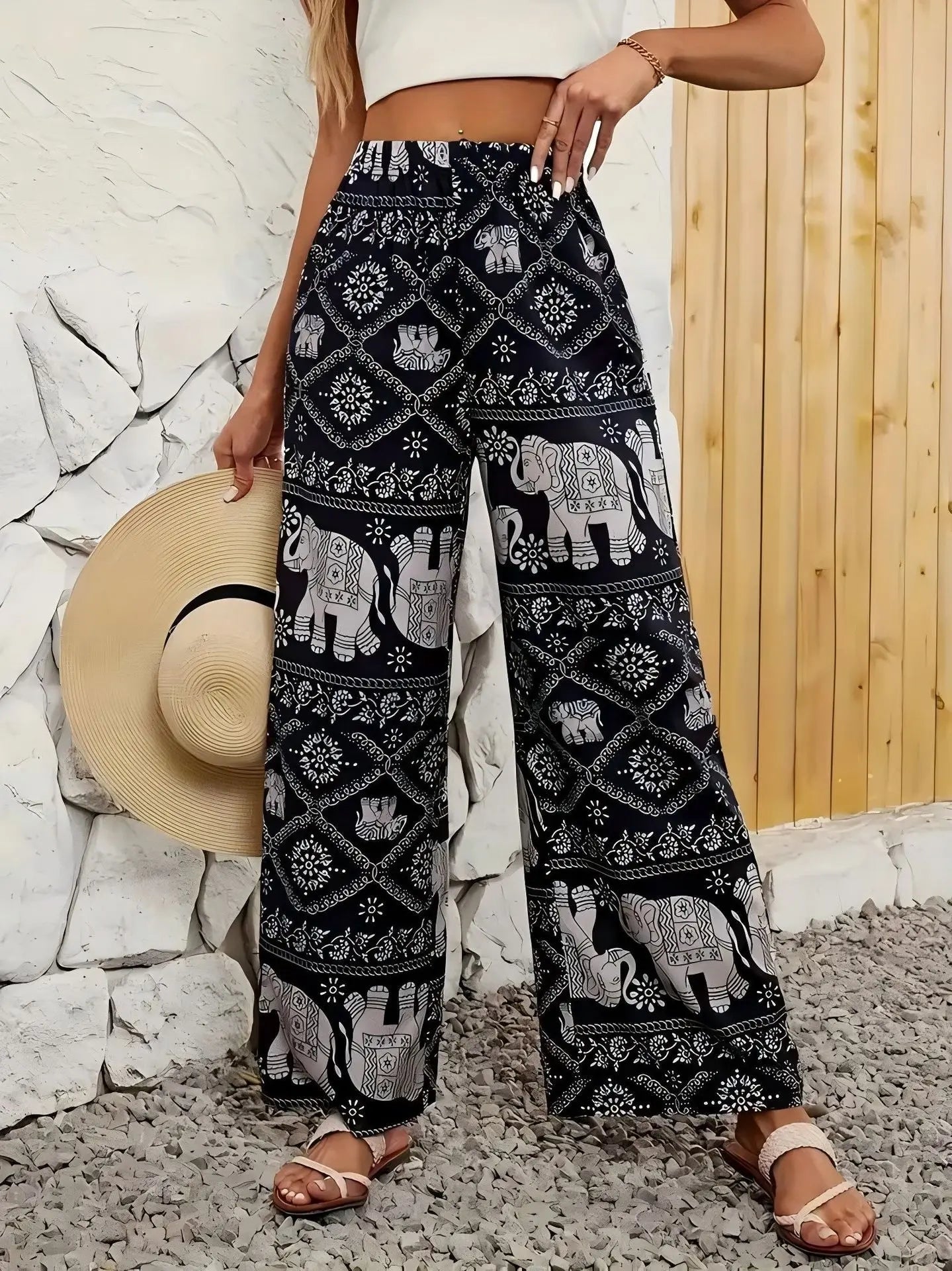 Pantalon à jambes larges imprimé éléphant de Thaïlande pour femmes - Tresors asiatiques