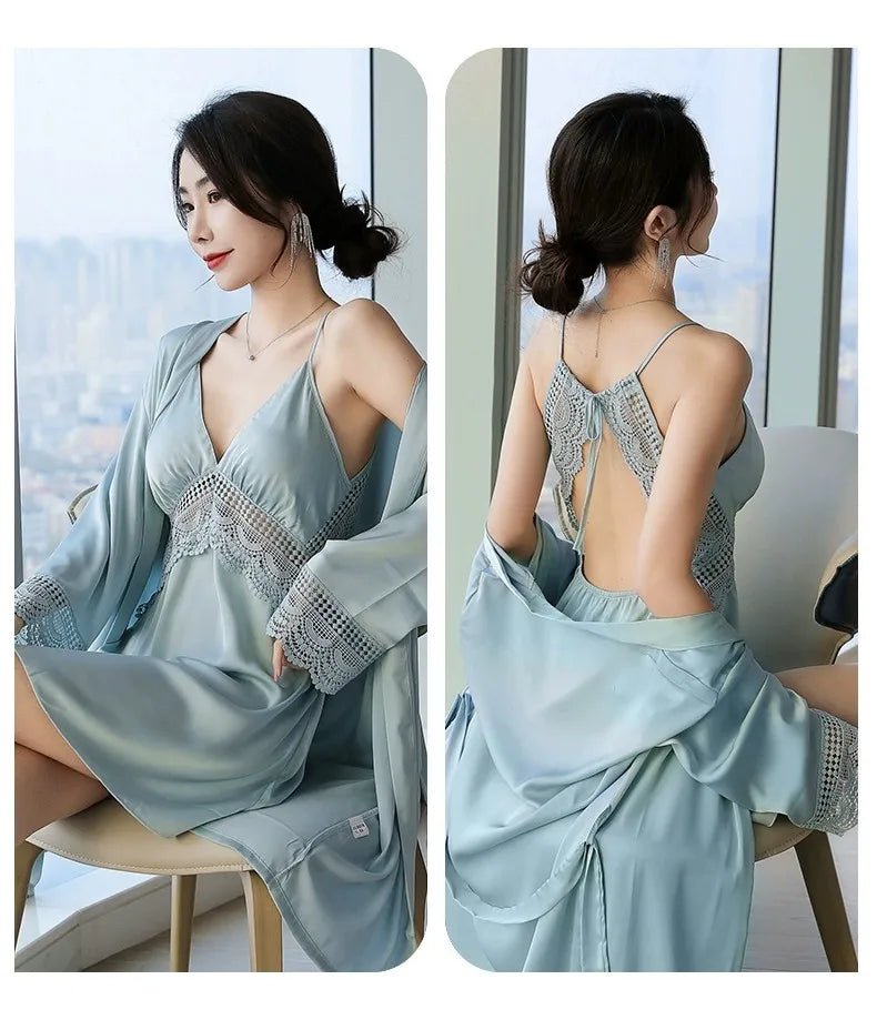 Peignoir Kimono en Satin et Dentelle pour Femme - Tresors asiatiques
