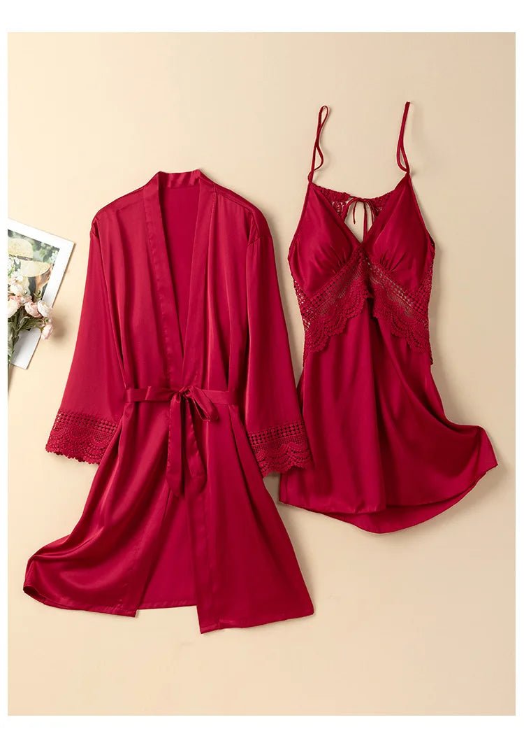Peignoir Kimono en Satin et Dentelle pour Femme - Tresors asiatiques