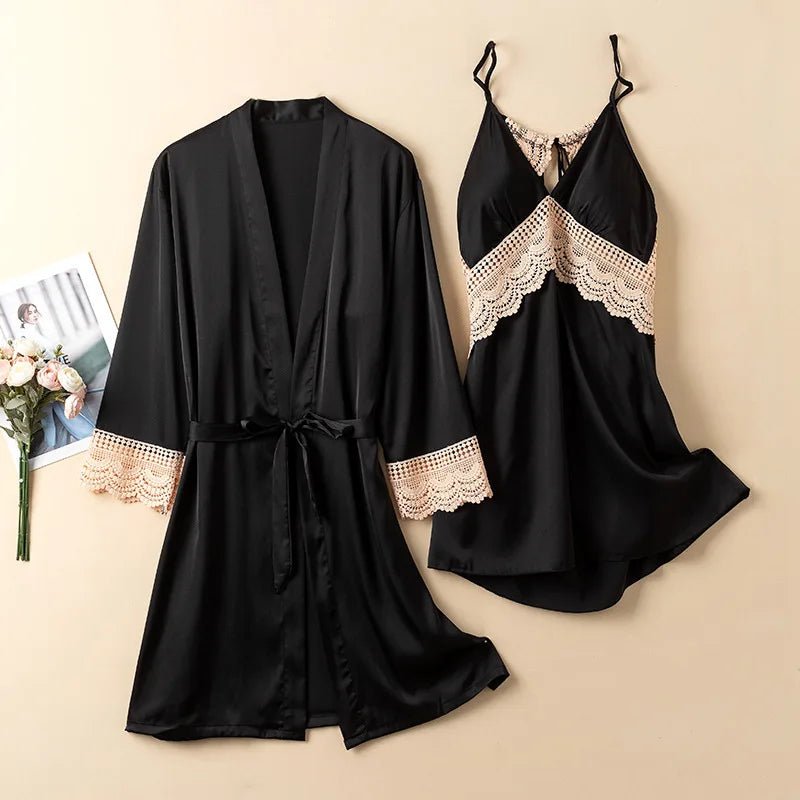 Peignoir Kimono en Satin et Dentelle pour Femme - Tresors asiatiques