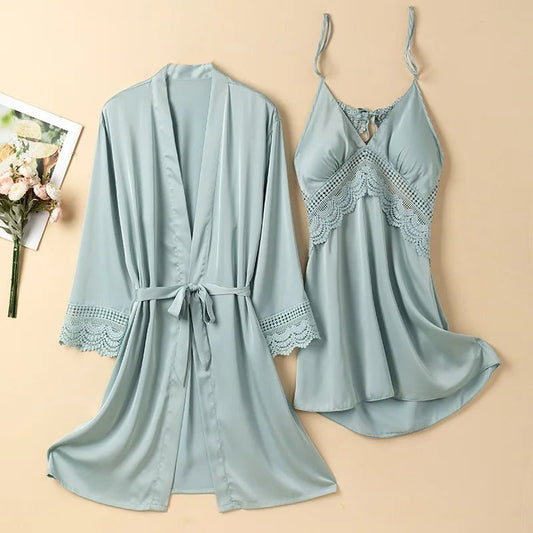 Peignoir Kimono en Satin et Dentelle pour Femme