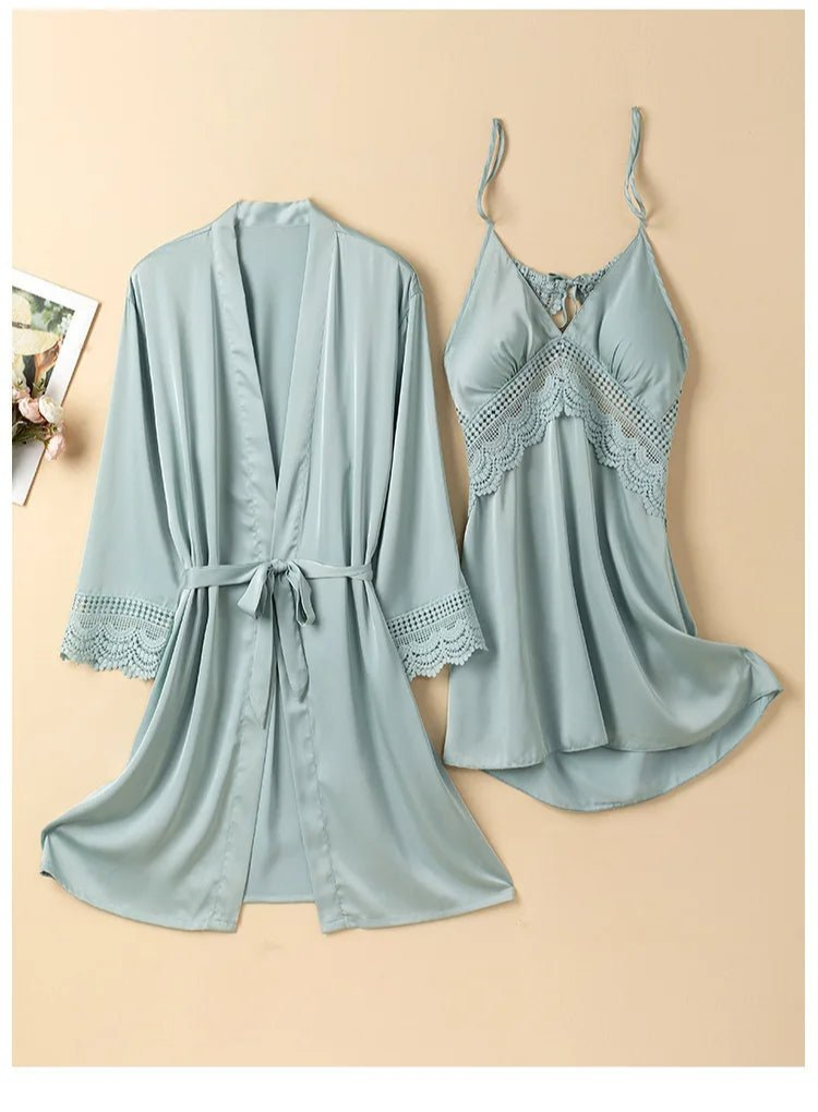 Peignoir Kimono en Satin et Dentelle pour Femme - Tresors asiatiques