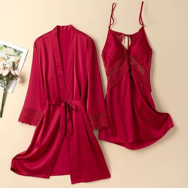 Peignoir Kimono en Satin et Dentelle pour Femme - Tresors asiatiques
