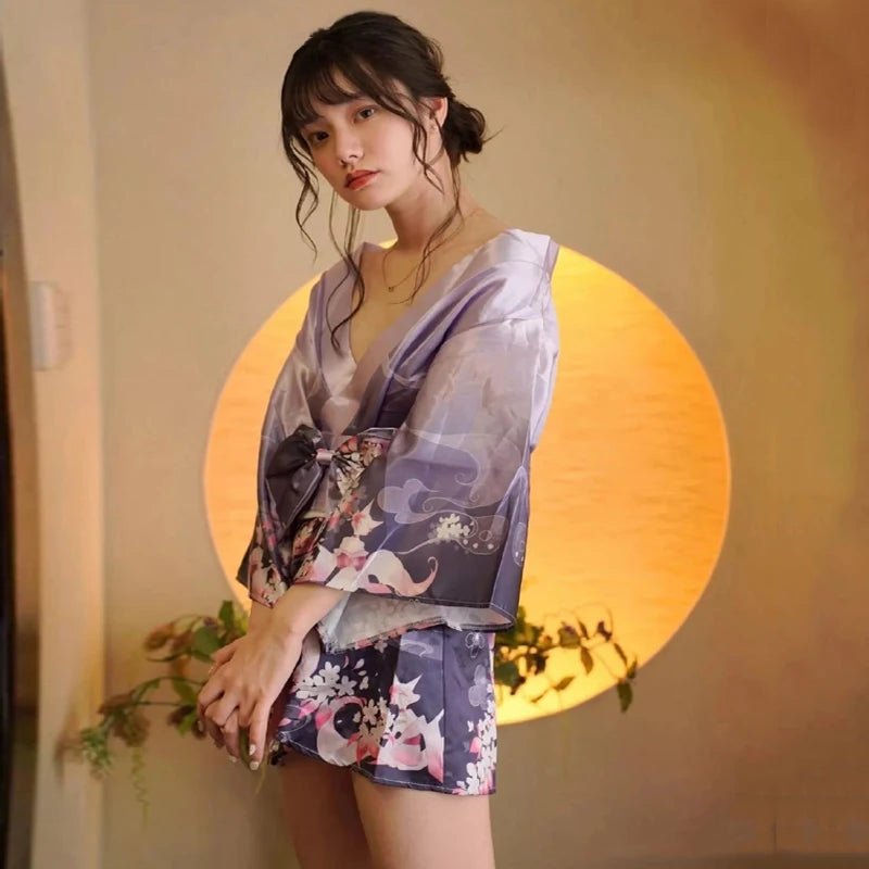 Pyjama kimono japonais violet ultra - sexy pour femmes - Tresors asiatiques