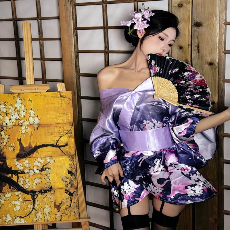 Pyjama kimono japonais violet ultra - sexy pour femmes - Tresors asiatiques