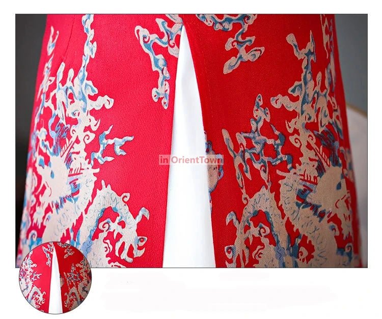 Robe Cheongsam longue à motif de dragon asiatique - Tresors asiatiques