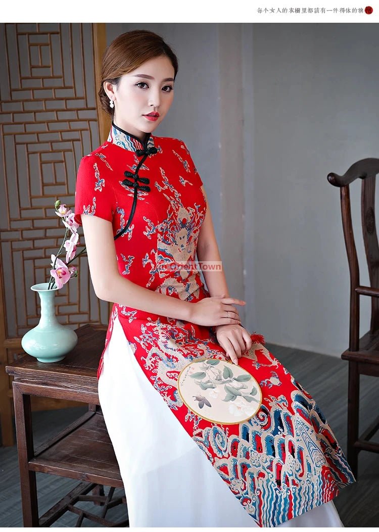 Robe Cheongsam longue à motif de dragon asiatique - Tresors asiatiques