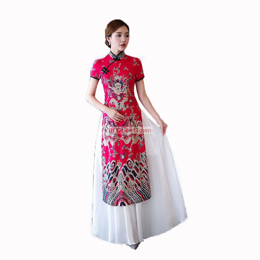 Robe Cheongsam longue à motif de dragon asiatique - Tresors asiatiques