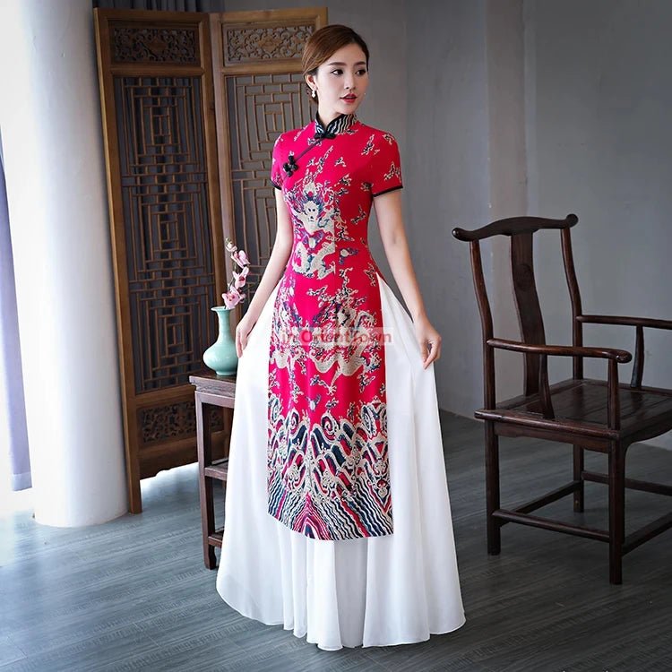 Robe Cheongsam longue à motif de dragon asiatique - Tresors asiatiques
