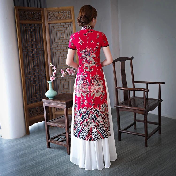 Robe Cheongsam longue à motif de dragon asiatique - Tresors asiatiques