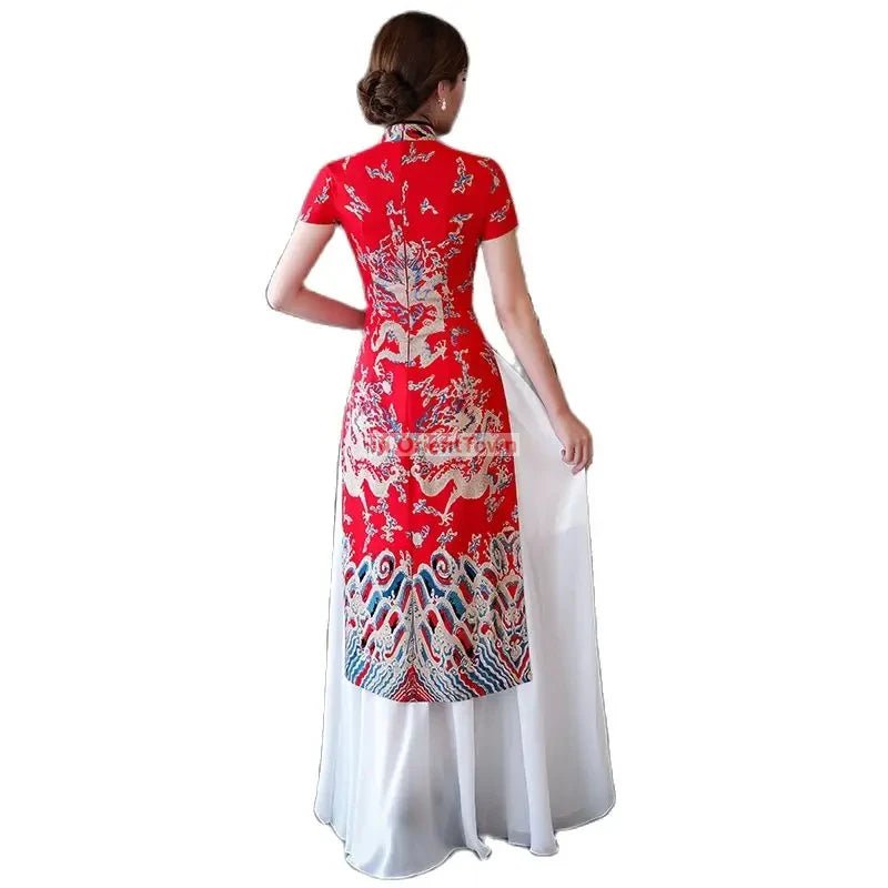 Robe Cheongsam longue à motif de dragon asiatique - Tresors asiatiques