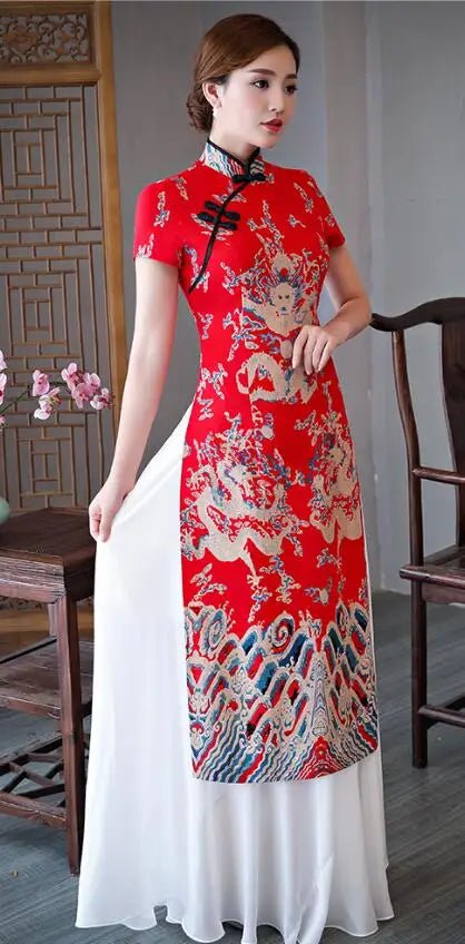 Robe Cheongsam longue à motif de dragon asiatique - Tresors asiatiques