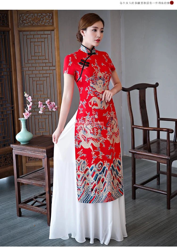 Robe Cheongsam longue à motif de dragon asiatique - Tresors asiatiques