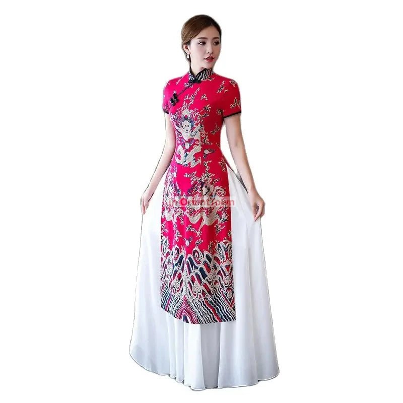 Robe Cheongsam longue à motif de dragon asiatique - Tresors asiatiques