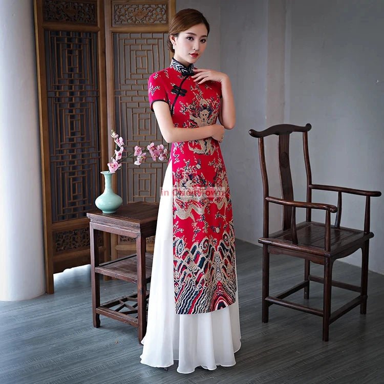 Robe Cheongsam longue à motif de dragon asiatique - Tresors asiatiques