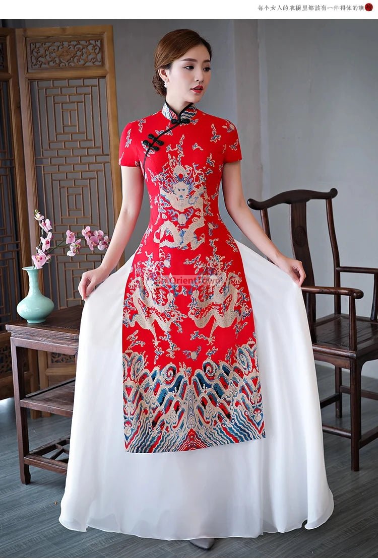 Robe Cheongsam longue à motif de dragon asiatique - Tresors asiatiques