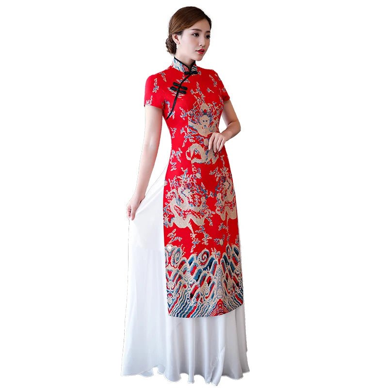 Robe Cheongsam longue à motif de dragon asiatique - Tresors asiatiques