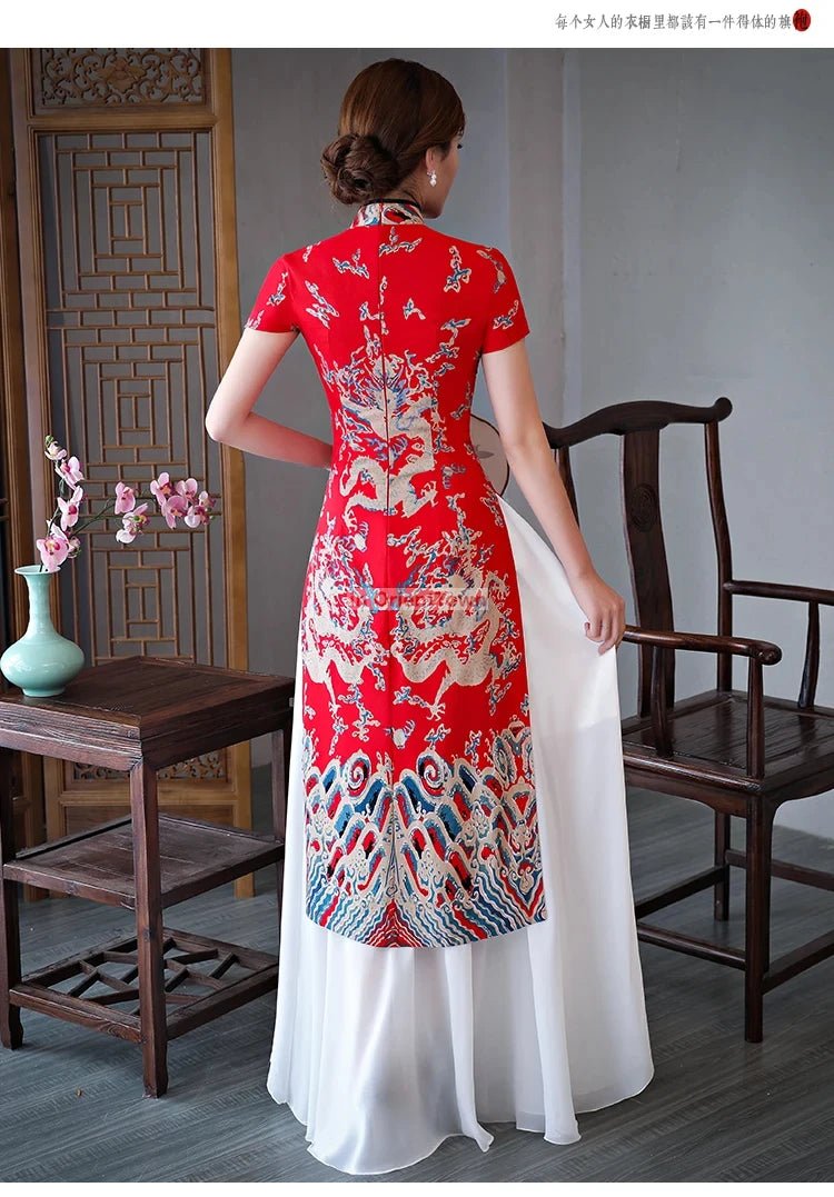 Robe Cheongsam longue à motif de dragon asiatique - Tresors asiatiques