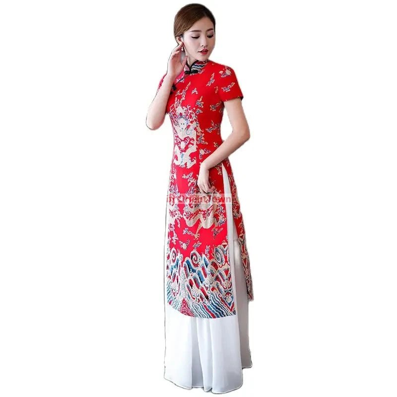 Robe Cheongsam longue à motif de dragon asiatique - Tresors asiatiques