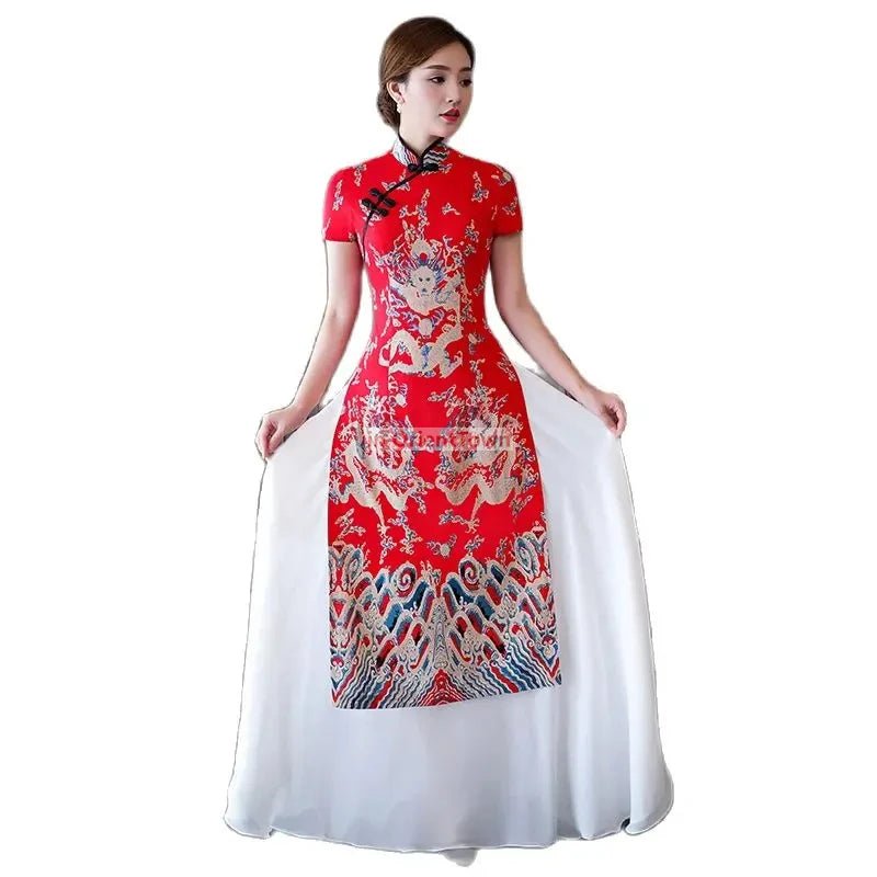Robe Cheongsam longue à motif de dragon asiatique - Tresors asiatiques