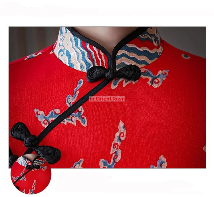 Robe Cheongsam longue à motif de dragon asiatique - Tresors asiatiques
