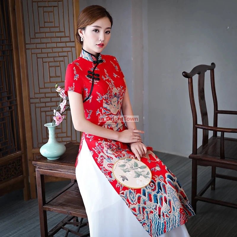 Robe Cheongsam longue à motif de dragon asiatique - Tresors asiatiques