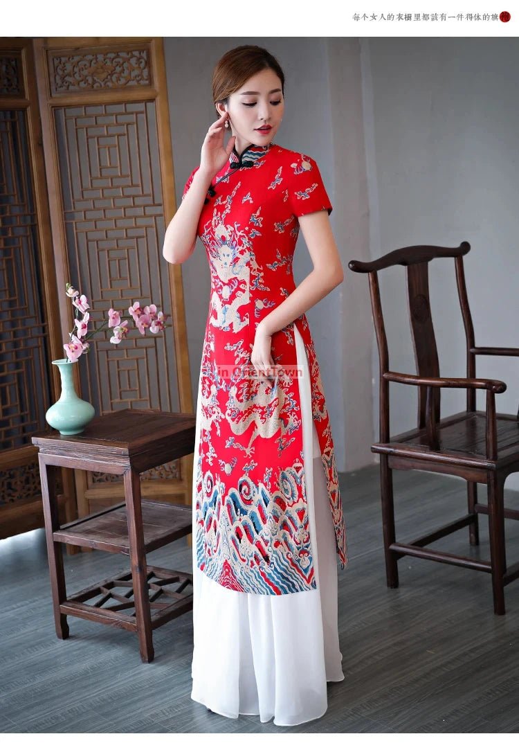 Robe Cheongsam longue à motif de dragon asiatique - Tresors asiatiques