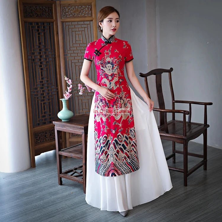 Robe Cheongsam longue à motif de dragon asiatique - Tresors asiatiques