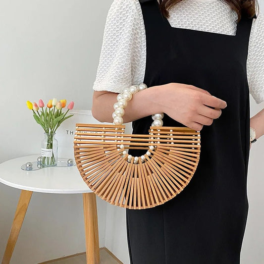 Sac à Main Demi-Rond en Bambou Tissé à la Main