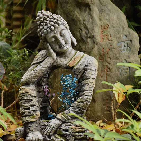Grande sculpture de Bouddha décorative avec fleurs