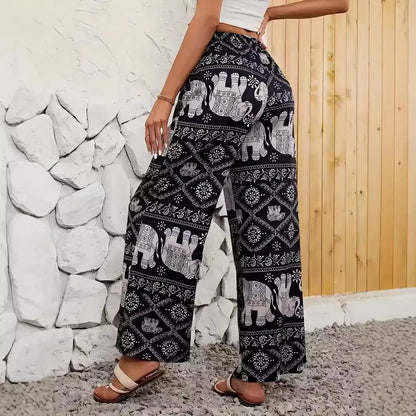 Pantalon à jambes larges imprimé éléphant de Thaïlande pour femmes